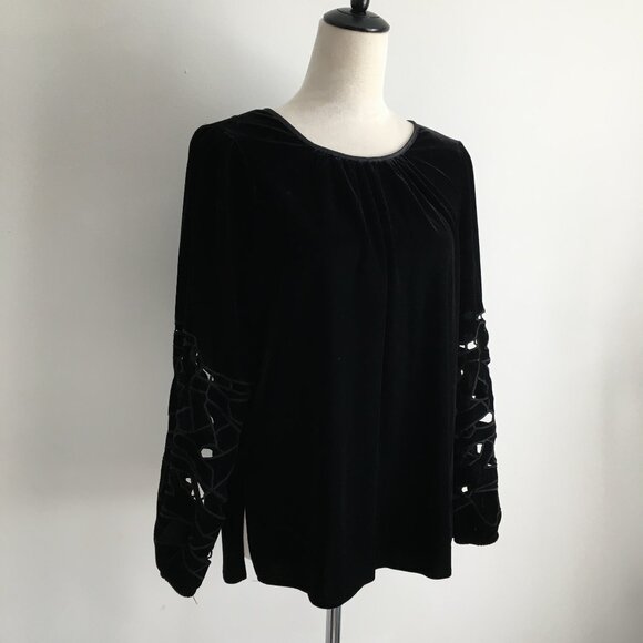 JOIE Black Velvet/Velour Perforated Cut Out Long Sleeve Slit Hem Shirt - Picture 1 of 10